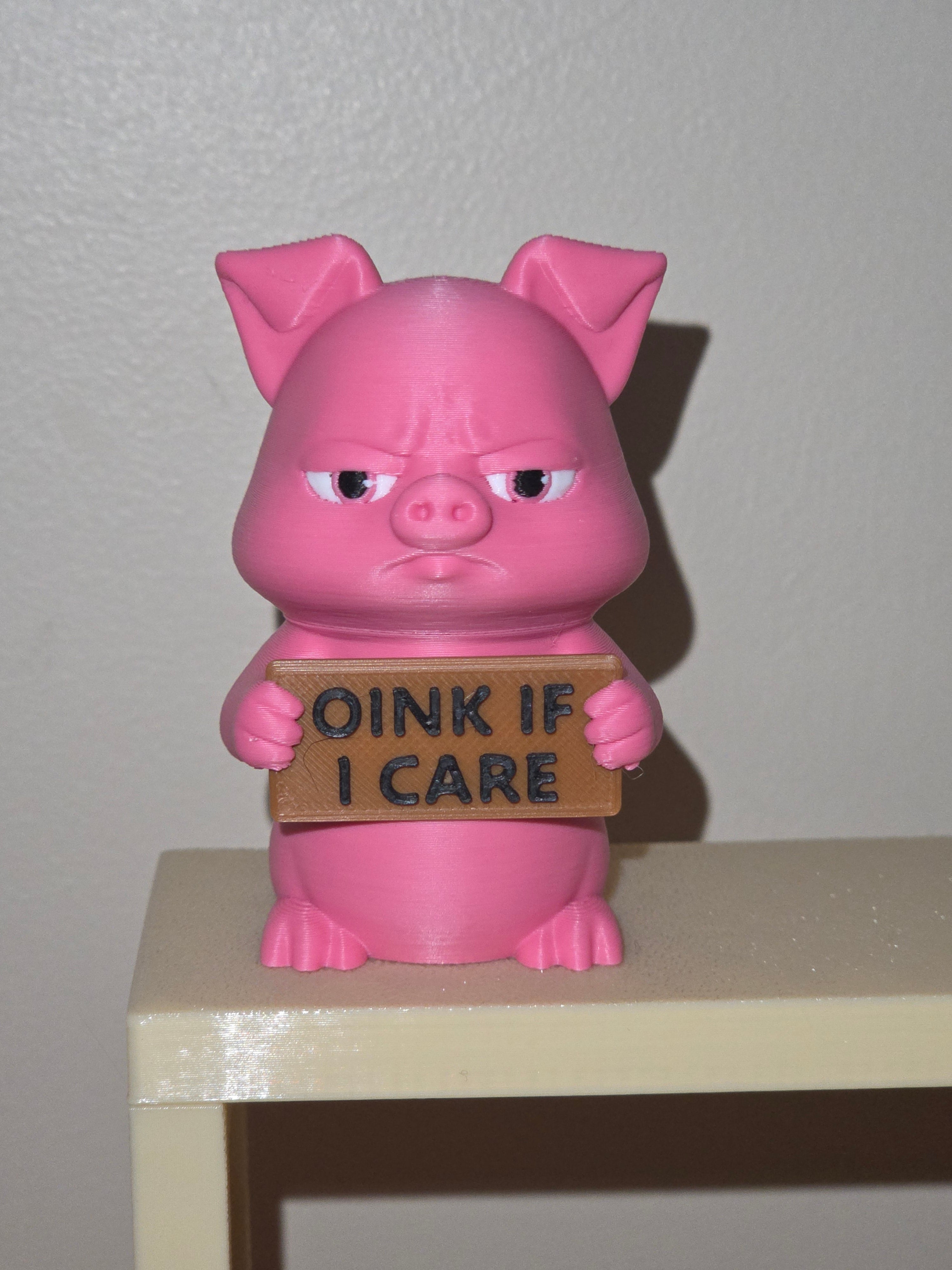 Grumpy pink pig holding a sign that says Oink If I Care